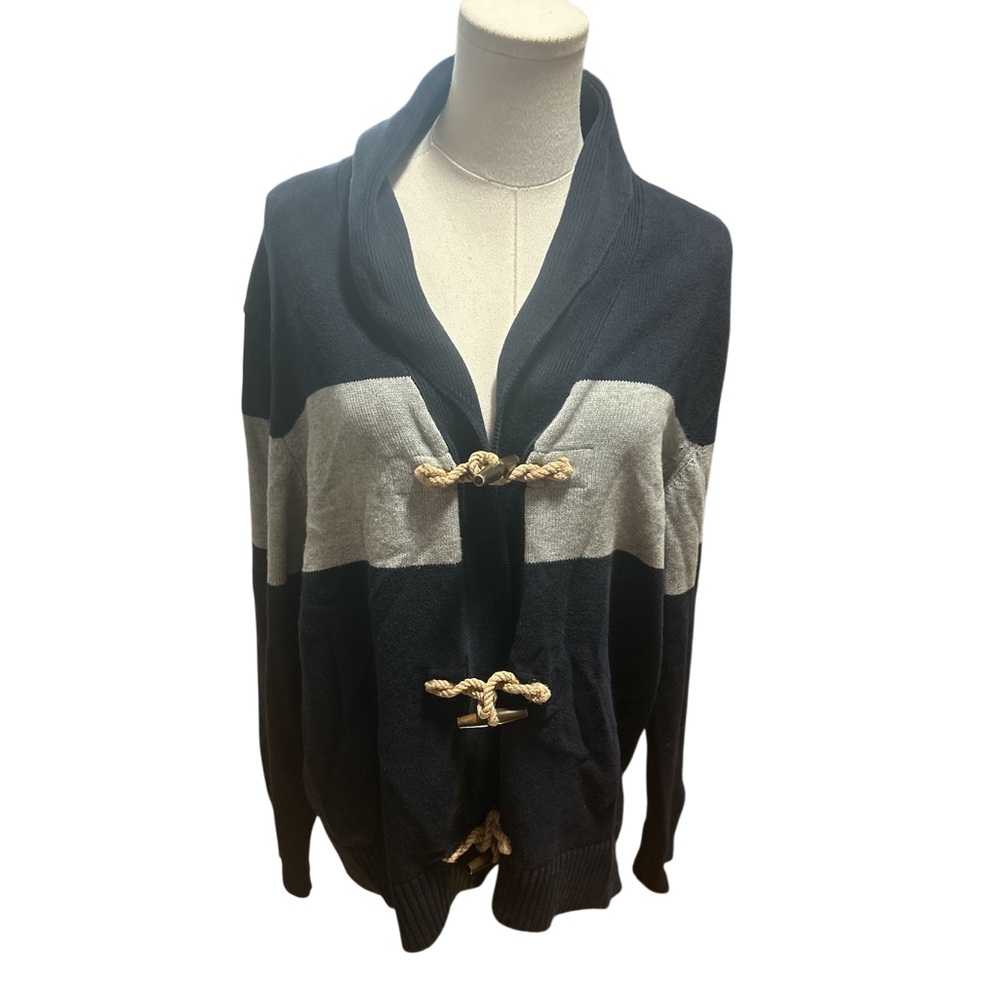 J.Crew Mens Nautical Shawl Collar Toggle Cardigan Navy Gray Stripe Sz L - Picture 2 of 7